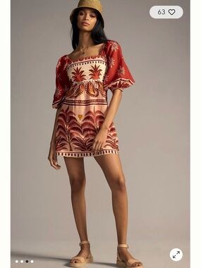 NWT Farm Rio Red Pink Square Neck Mini Dress Size XS Statement Sleeves Summer